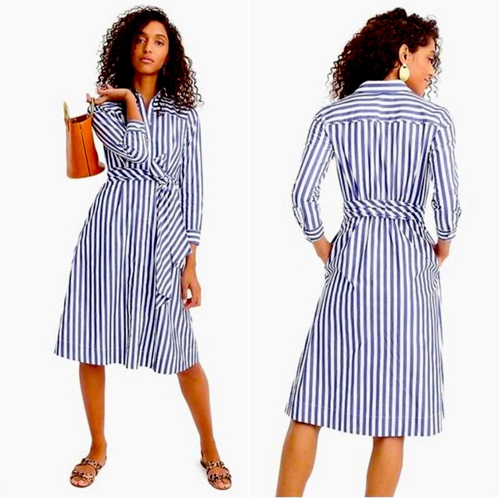J. Crew Blue Striped Tie Waist Dress